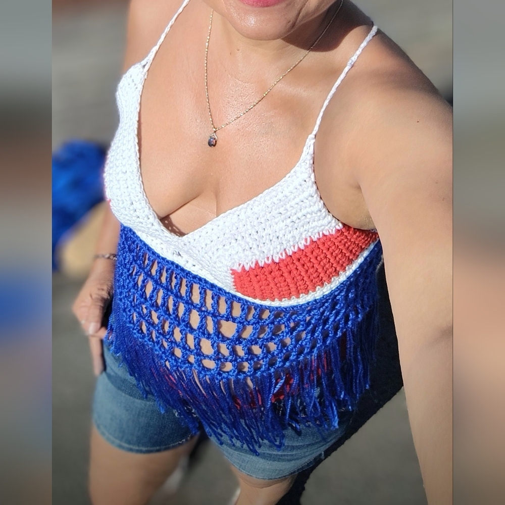 Red, White, and Blue Crochet Halter Top with Fringe - Picture 2 of 15
